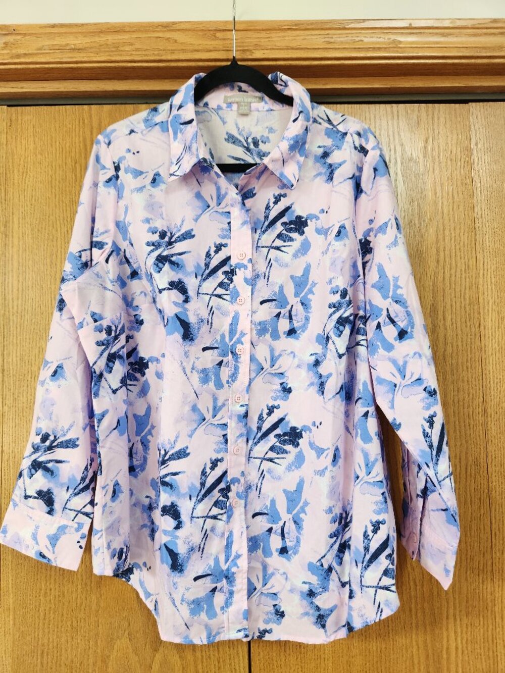 Woman Within -  Perfect Long Sleeve Button Up Shirt Pink Floral Petite - L 18/20